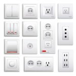 Set of realistic switches and sockets of various type isolated on white background 3d vector illustration