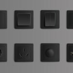 Electric sockets and switches on wall. Vector realistic set of 3d different types toggles and outlet for chinese, european and russian plugs, adapter connectors. Black plastic house supplies