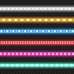 Led strips with neon glow effect isolated on transparent background. Vector realistic set of colored light stripes, glowing tape with red, green, blue and white lamp and diode bulbes