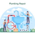 Plumber. Plumbing service, professional repair and cleaning of bathroom equipment and sewerage systems. Vector illustration.